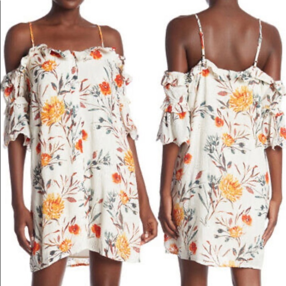 Floral Ruffle Button Up Cold Shoulder Shift Dress